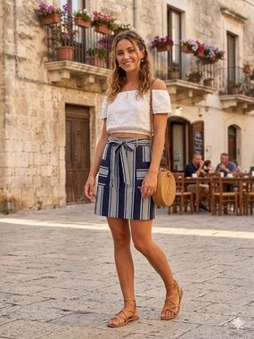 Brooks Brothers Navy and White Striped Tie-Waist Skirt w/ pockets